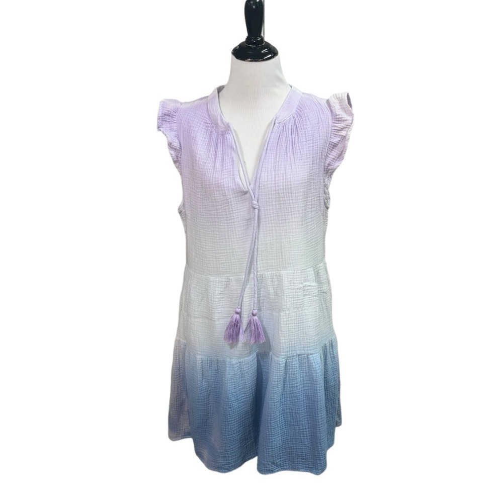 Fate Women's L Large A-Line Mini Dress Waffle Fabric Ombre Tie-Dye Boho Tassels